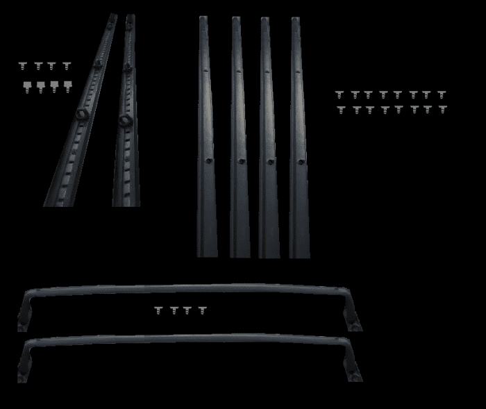 Clockwise from top left: 2 base rails with 8 attaching screws, 4 support rails with 16 attaching screws and 2 end rails with 4 attaching screws.