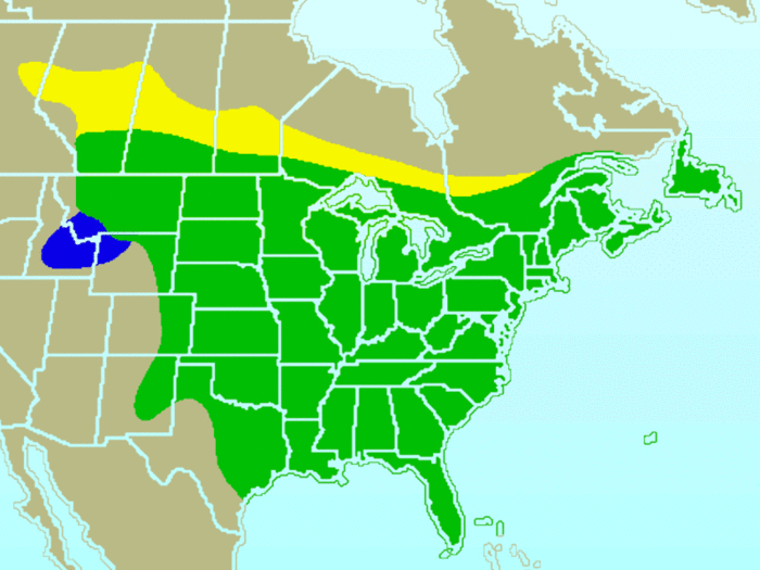 The green portion of the map now extends to the west at least one state's width, north to south, to the Rocky Mountains.