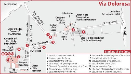 Approximately 500 meters of "Via Dolorosa" or "Way of the cross" through the streets of old Jerusalem. As you enter through Sheep gate or Lion's gate on to the right side is the Bethesda pool and St Anne's Church on to the left is the Temple mount