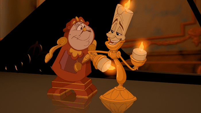 Lumiere (right) is my favorite character from "Beauty and the Beast." This image is from the Disney adaption of the tale.