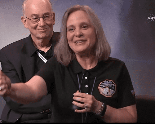—A very tired Alice Bowman. Screengrab from July 14 6:30PM press conference announcing that New Horizons called home to say it's on schedule and working fine.