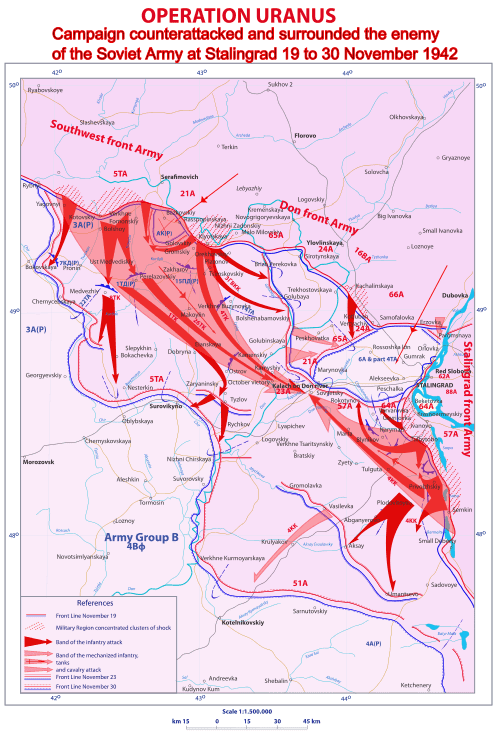 The Red Army counter-attacks and encircles the Sixth Army at Stalingrad November 19-23 1942.