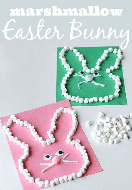You can make these Easter crafts with some construction paper, mini-marshmallows, googly eyes, string, a pom-pom, and glue.