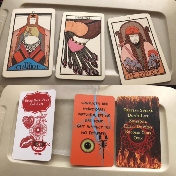 Top: Traditional looking tarot cards. Bottom: Homemade set of oracle cards that give the "meaning" right on the card.