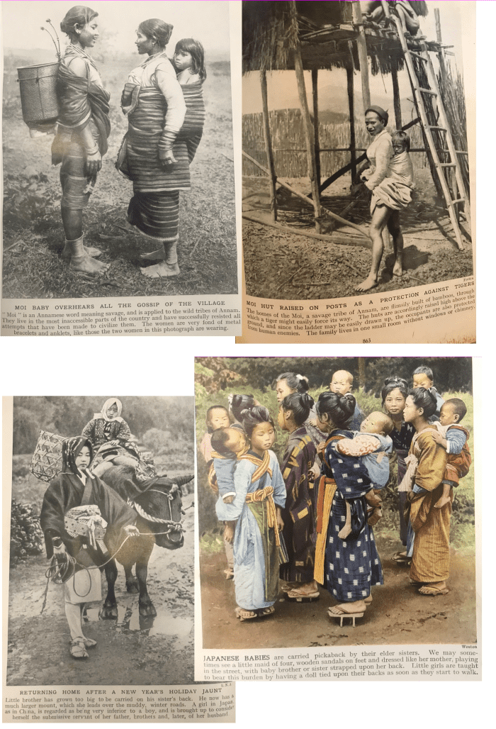 Swaddled babies in old Annam whereas Japanese girls are taught to carry children from a young age and be subservient to men. They must have developed very strong backs.