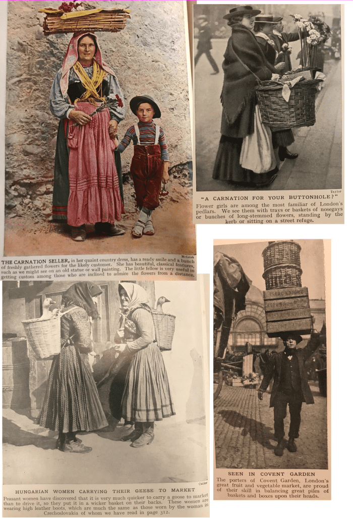 Italian and British carnation vendors - one with flowers finely balanced on her head. Men could do this too as seen at Covent Garden alongside the female flower girls also selling carnations. Hungarian duck carriers exchange news.