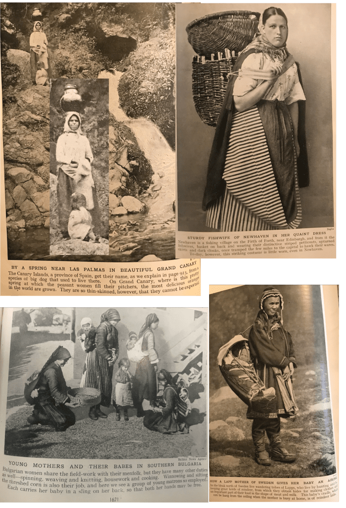A water carrier has been enlarged as an inset. Note a proverbial fishwife with her enormous basket. Carrying children was an incessant requirement.