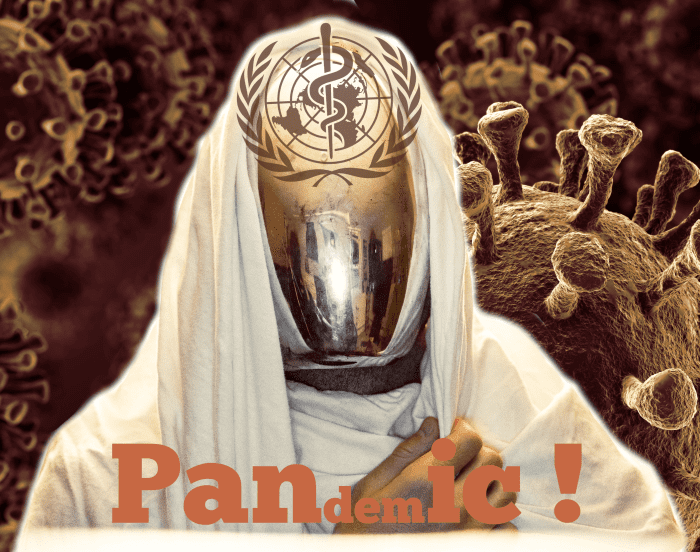 Figure 1. Pandemic-panic-phantom compiled by Robert Kernodle, using main-figure photo by Alex Iby, background electron-microscope photo by Murphy Medical Associates, and partial logo of the World Health Organization.