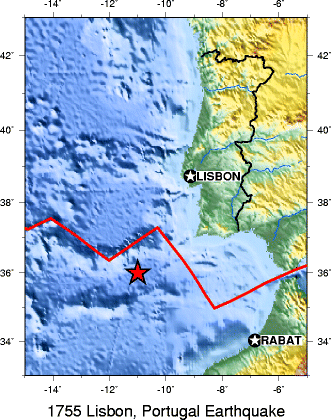 This shows the estimate of the origins of the 1755 earthquake - though there are no absolutes as to its exact location.