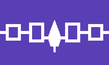 This flag includes the symbol of the Hiawatha Belt, a wampum belt of the original Five- and Six Nation Confederacy. The Peace Tree is in the center.