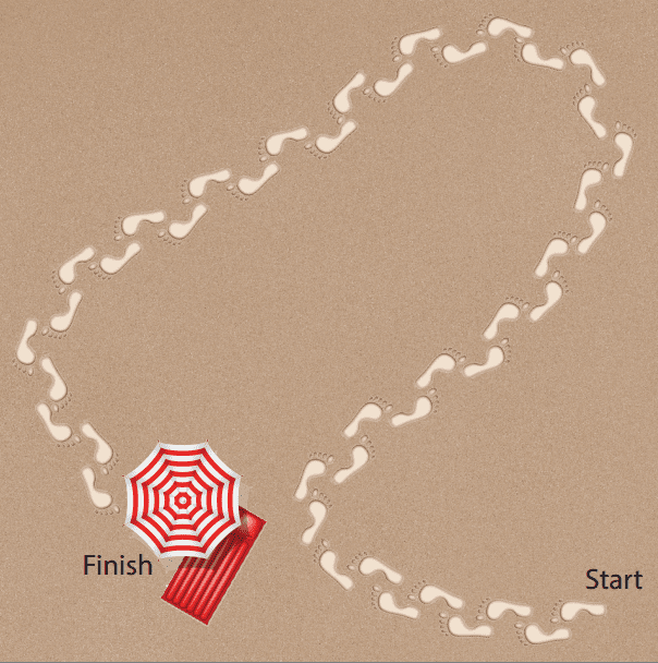 This is a game board for a beach-themed game with footprints in the sand.
