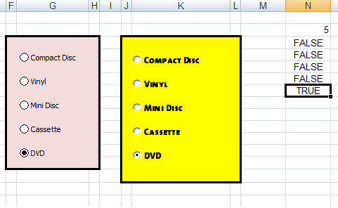 Output from our Option (Radio) buttons created in Excel 2007 and Excel 2010.