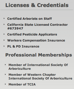 Found on the webpage of a tree trimmer, listing their credentials and license number.