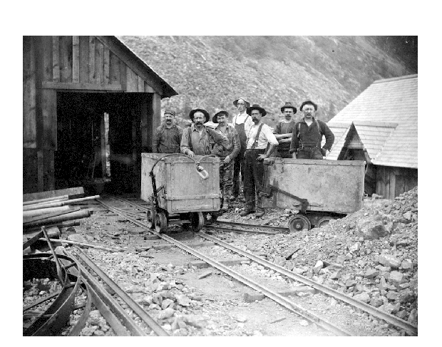 Photo: Miners at Ainsworth, British Columbia. George Ainsworth heard tell of silver-lead ore in the West Kootenay region. In the early 1880s, he received a land grant of 166 acres in an area known as Hot Springs Camp.