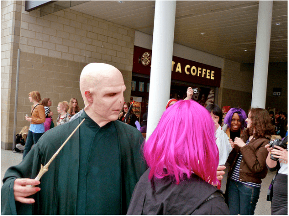 (In their natural environment outside Costa Coffee). Here you can see the detail of the cloak and the underneath jacket replicated from the movie. Of course, you can do your own version of this costume, as long as the outfit is black and has a cape.