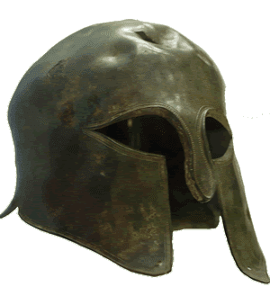 Spartan soldiers were outfitted in bronze helmets that covered the face and neck. This helmet is on display at the British Museum. The damage at the top of the helmet was probably sustained in an ancient battle.