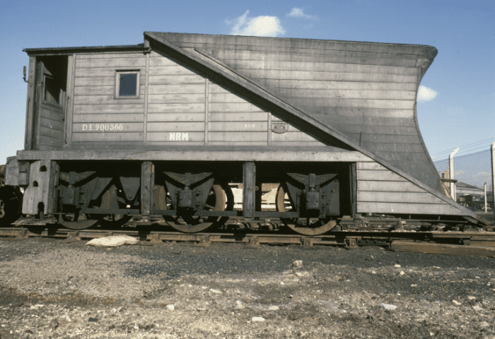 At York a North Eastern Railway snow plough has been bared at the waist to show its underframe origins - redundant locomotive tender frames (4 and 6 wheeled) were thus recycled with timber bodies