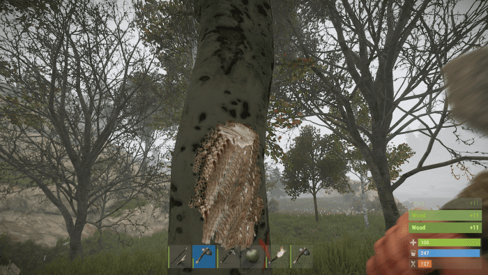 One way to provide a sense of accomplishment in survival games is to a reason to mine resources, such as to build a base. Rust (pictured) also requires continued resources be used for "upkeep" of a base.