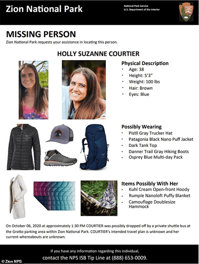 Flyer distributed by the Forest Service of Holly Courtier, who vanished October 6, 2020, in Zion National Park.