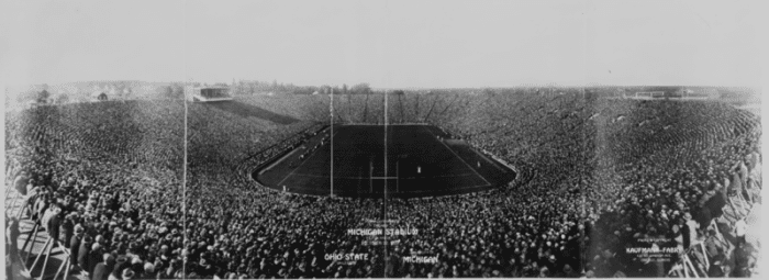 Formal opening of the new Michigan Stadium in Ann Arbor on 10/22/1927 with Ohio State University vs. University of Michigan. Now we fight over football and have competing blood drives before the annual game!