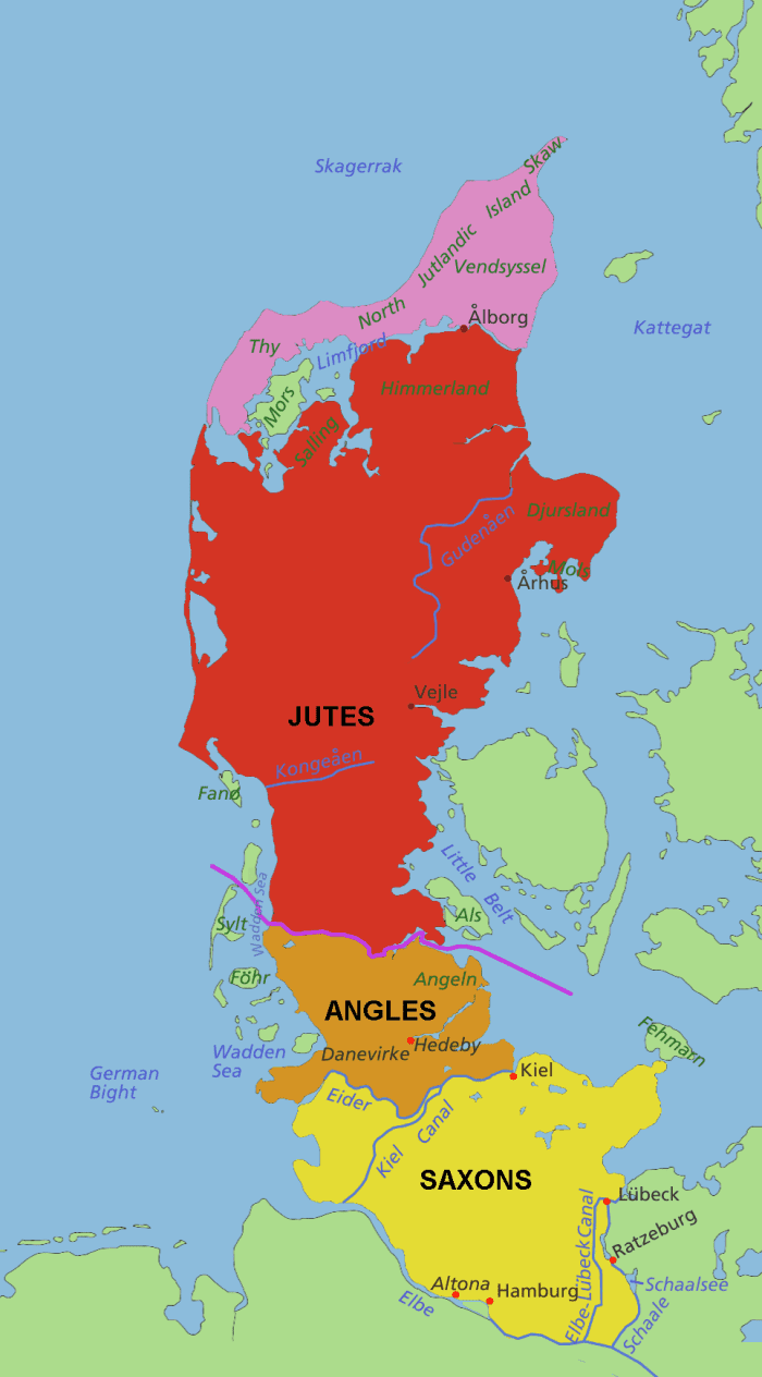 The peninsula - home of three burgeoning tribes who needed land to expand - the Saxons' lands were wider-spread than the map shows, being interspersed with those of their Frisian neighbours to the west and their relatives the Upper Saxons in the east