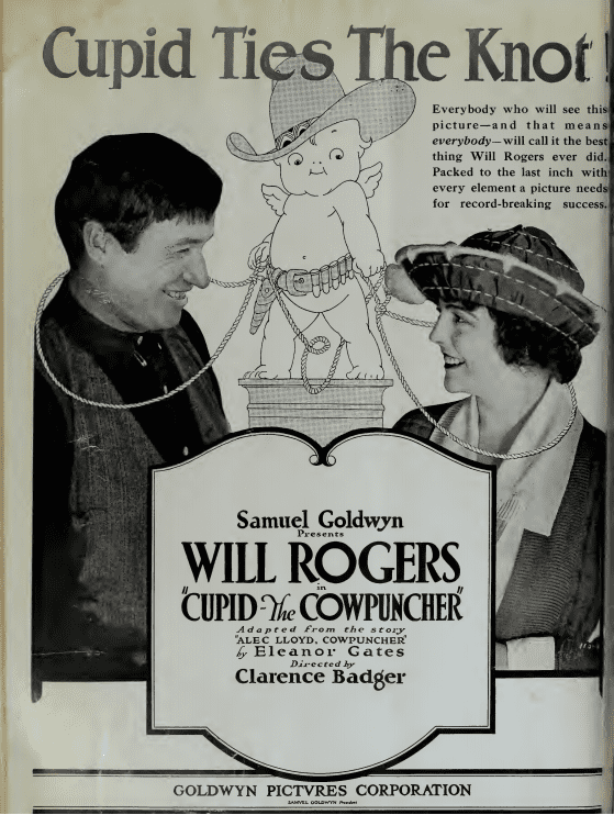Ad for a Will Rogers's silent film released in 1920, Cupid the Cowpuncher, directed by Clarence Badger.