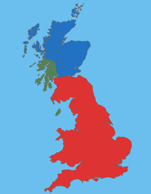 Great Britain in the second half of the 5th century AD, between Roman withdrawl and founding of the Anglo-Saxon kingdoms. Green area - mainly Goidelic areas, blue area - mainly Pictish areas, red area - mainly Brittonic areas