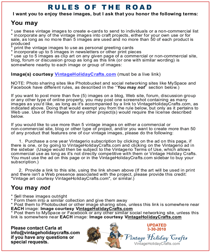 Please click the image above to enlarge and read the rules, or visit http://vintageholidaycrafts.com/vintage-holiday-crafts-terms-of-use/