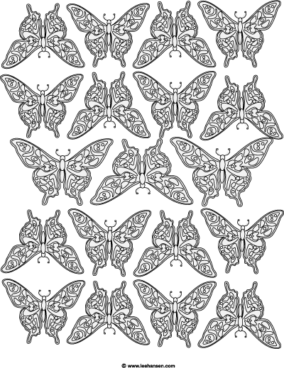 Detailed butterflies design coloring page free for non-commercial use. Credit leehansen.com.