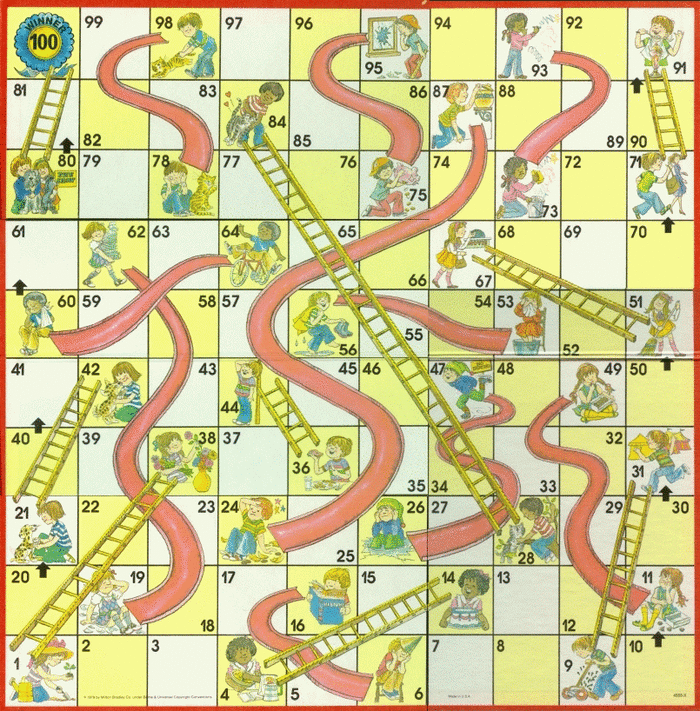 This older version of the Milton Bradley version of chutes and ladders shows a board with numbered game spaces.