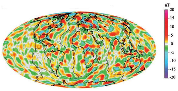 This NASA image plots the geomagnetosphere as it exists for 2008. White regions are magnetically neutral. There are plenty of mini fields dominating the earth instead of one overall field.