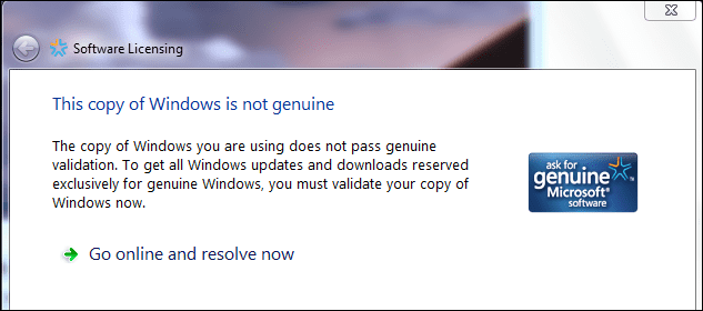 A warning that your copy of Windows is not genuine. Microsoft fights against software piracy back by use of activation update KB971033
