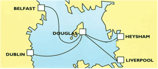 Man's location in the Irish Sea - almost equidistant from Heysham on the Lancashire coast in England and Dublin in the ROI