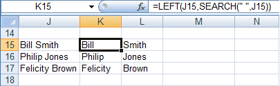 Illustration of how to use the LEFT function to obtain a first name from a cell in Excel 2007.