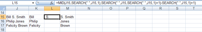 Using the MID function to extract a middle initial from a cell containing a name in Excel 2007.