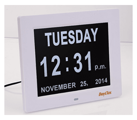 To see this clock with day, date and time (perfect for a senior citizen), click the link on the left.