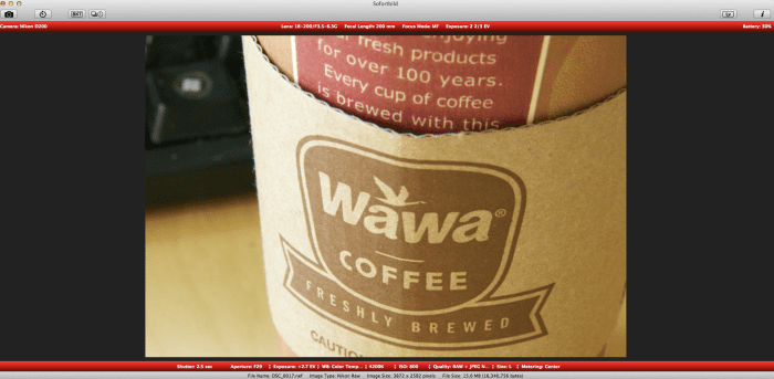 Here is a sample shot of the WaWa coffee I have been drinking. It is very easy to change the F-Stop, Shutter Speed, White Balance, ISO, etc. Previewing this on the computer definitely helps to ensure that your shot is properly dialed in.