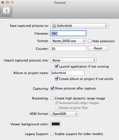 From the Sofortbild menu, choose "Preference" and this pop-up screen opens. I like to create a new folder on my desktop to save pictures to. It makes it easier to find them in the future.