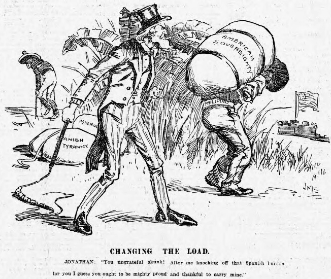 Cartoon lambasting the hypocritical and arrogant treatment of the Philippines by the U.S.