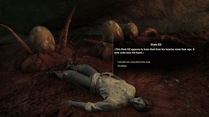 The body of a Dark Elf, found in Lady Llarel's Shelter in the You Have to Break a Few quest of The Elder Scrolls Online.
