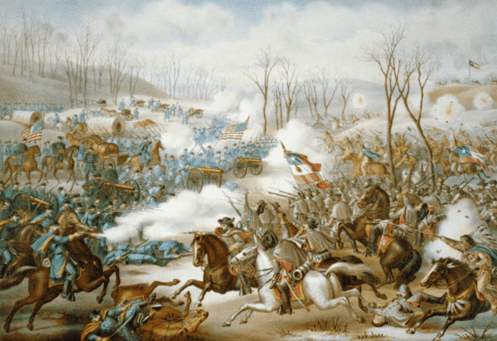 A painting showing the great Confederate cavalry charge at Leetown. If you look closely you can see Albert Pike's Indians charging Union artillery it was the high point of the battle for Confederate troops the charge involved over 4000 men.
