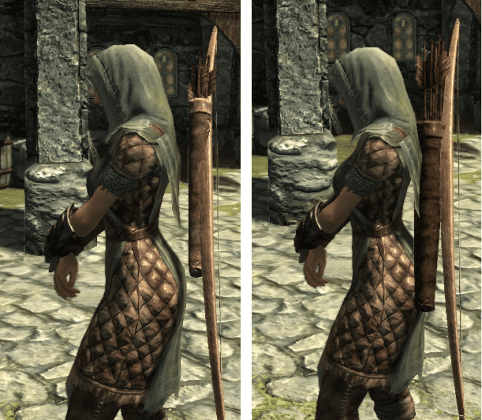 Closer Quivers and Longer Arrows by EvilDeadAsh34 fixes a bug so that quivers sit closer to the player character. Picture courtesy of Skyrim Nexus, Bethesda and Zenimax.