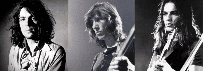 The creative leaders of the three different eras of evolution of Pink Floyd. From right, Syd Barrett, Roger Waters and David Gilmour.