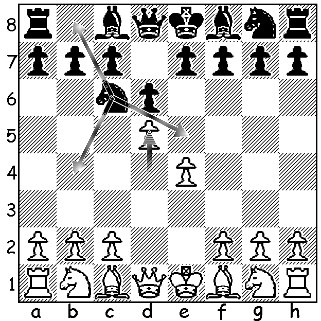 This diagram shows black's three reasonable third move options in response to 3.d5. In order of popularity, they are 3...Ne5, 3...Nb8, and 3...Nb4. I believe that 3...Nb8 may be more sound than 3...Ne5.
