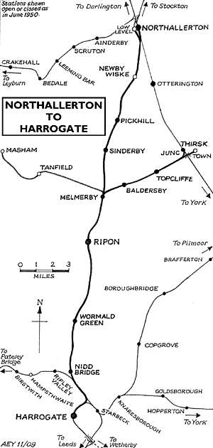 The Leeds Northern Line in 1950 with the closed Masham branch to the west from Melmerby (north of Ripon)