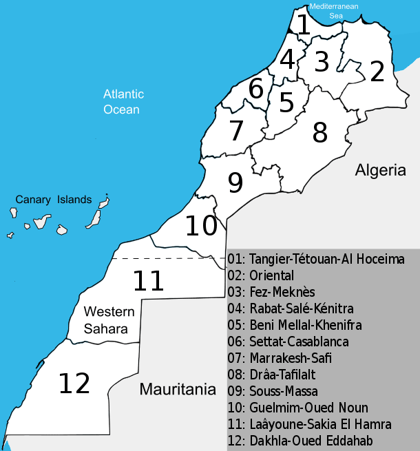 Regional map of Morocco by Xerxes1337. The two southmost provinces comprise the Western Sahara, which is disputed territory.
