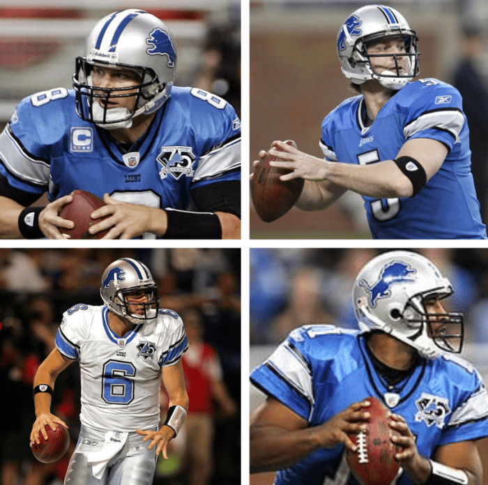 2008 Lion's quarterbacks(clockwise from top left): Jon Kitna, Drew Stanton, Daunte Culpepper, Dan Orlovsky
