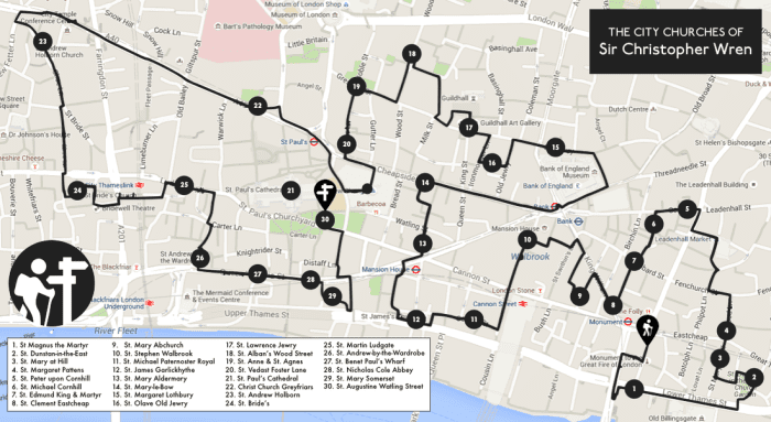 The City of London and a systematic way of visiting them without retracing your steps - there are several London Underground and main line stations scattered around the City to enable you to carry on where you left off