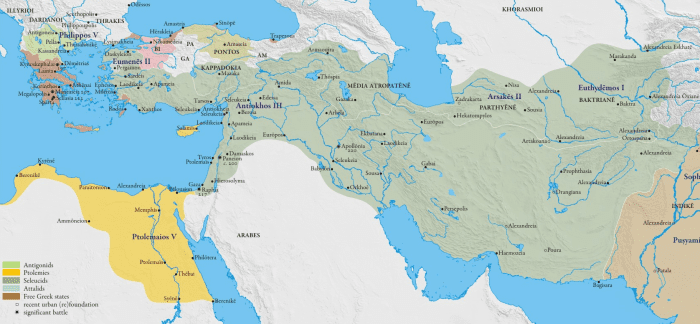 Ptolemaic (in yellow) and Seleucid (in green) kingdoms, during the reigh of Ptolemy V and Antiochus III at approx. 195 BC