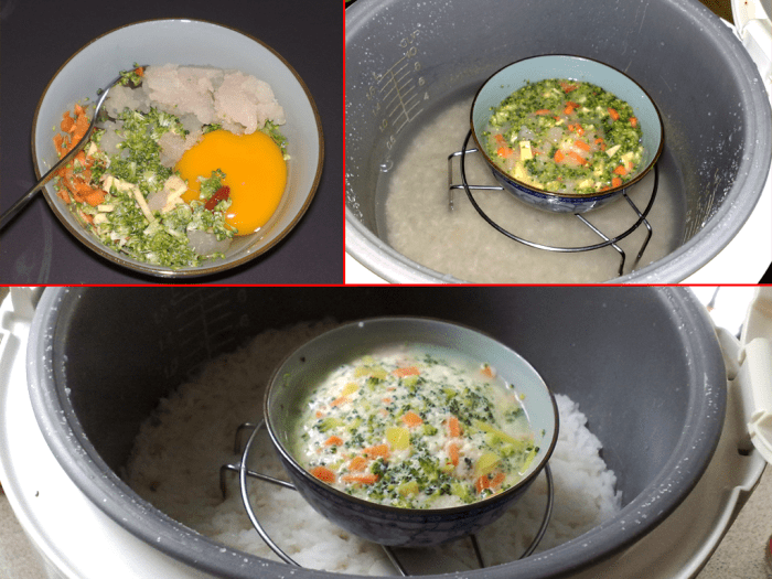 A delicious and nutritious mix of minced fish meat, broccoli, carrot, sweet potato, egg and wolf-berry steam-cooked in a rice cooker.